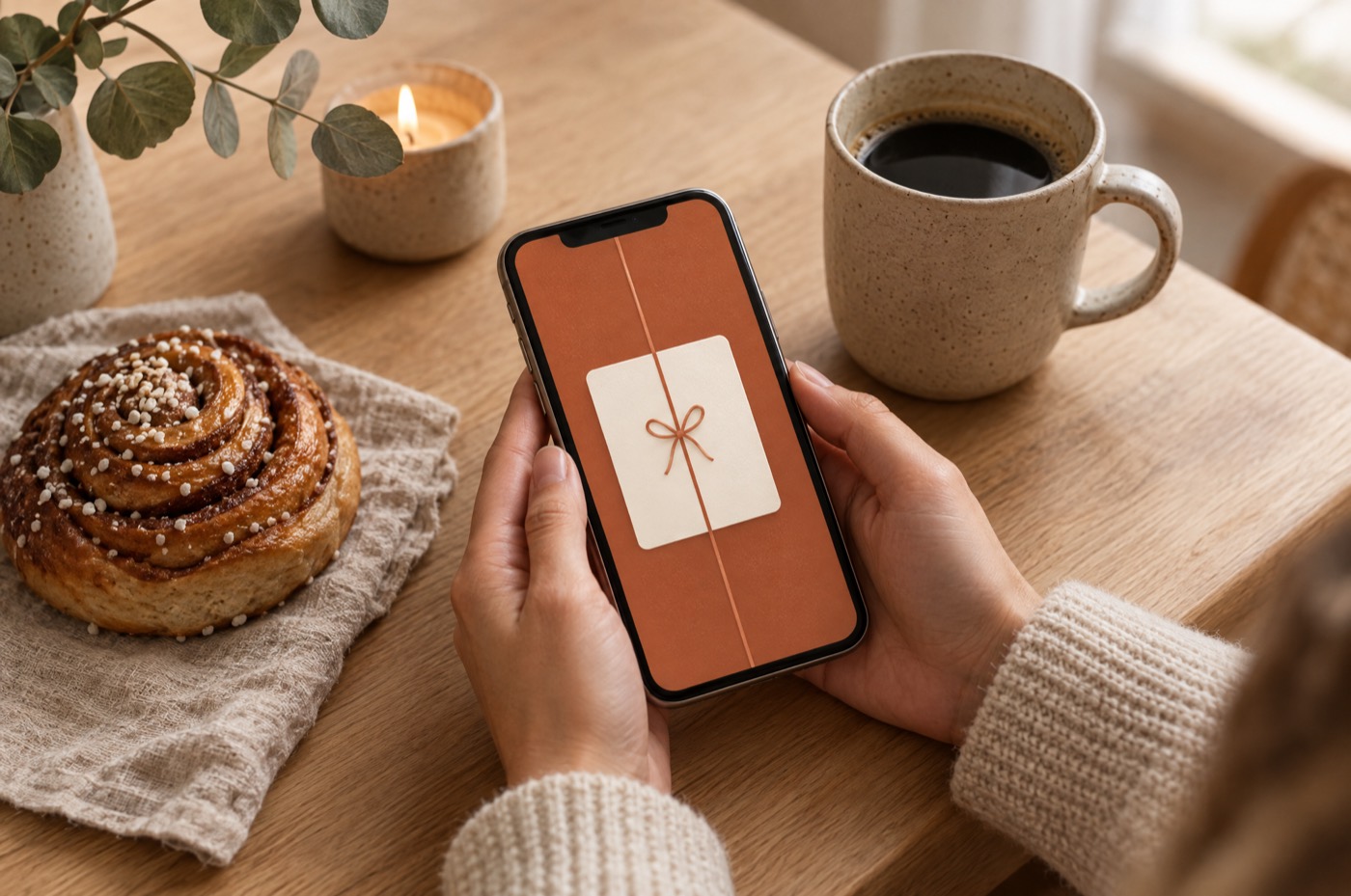 Et gavekort fra hygge åpnes på mobilen ved et kjøkkenbord